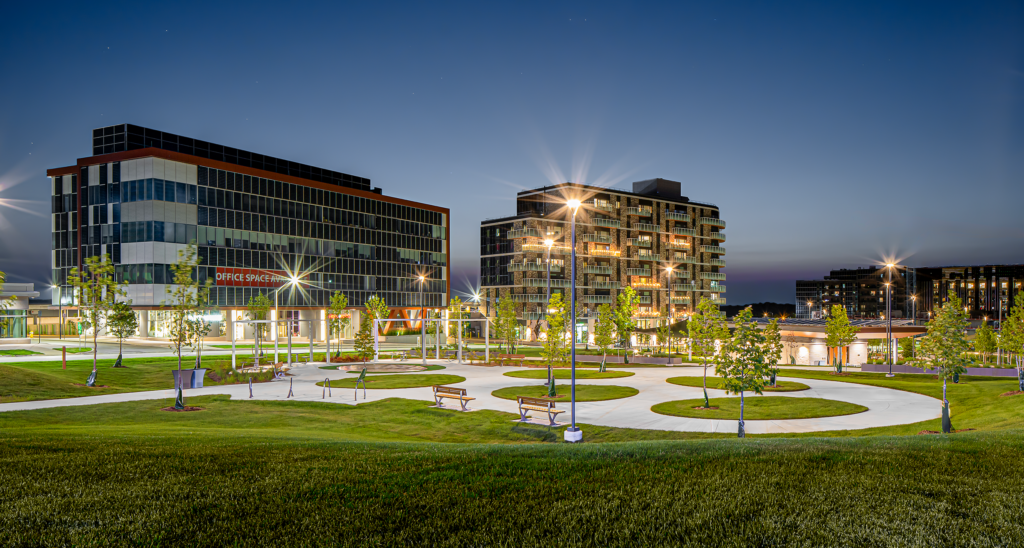 Evening view of Legacy Square and West 5 Buildingds